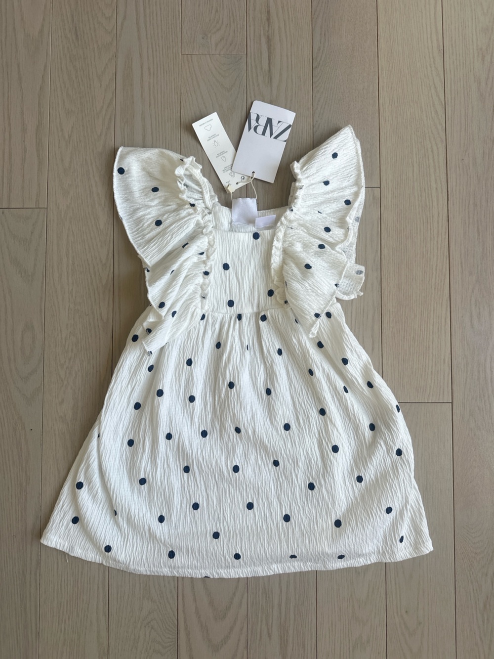 🌈 NWT Girls 3T Zara White Polka Dot Ruffle-Sleeve Kids Dress